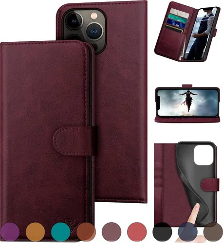 Vista 10 de DuckSky Funda tipo cartera de piel auténtica para iPhone 13 Pro de 6.1 pulgadas. Bloqueo RFID. 4 tarjeteros de crédito. Cuero auténtico. Funda Negro