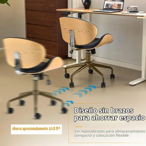 Vista 5 de VINGLI Silla giratoria de oficina en casa amplia y cómoda con carcasa curvada de grano de madera, silla de escritorio ergonómica acolchada sin negro