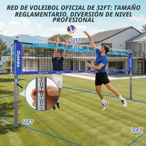 Vista 8 de 32FT Outdoor Volleyball Net Set, Regulation Size Portable Volleyball System with 1.25" Adjustable Steel Poles, 28-Ply Anti-Sag PE Net, Ball, Pump