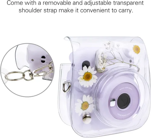 Vista 6 de Mini11 - Funda transparente para Instax Mini 11/9/8/8+/40 Cámara instantánea con flores secas de PVC con correa ajustable