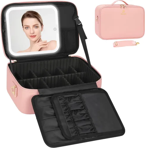 Vista 22 de Relavel Bolsa de maquillaje pequeña de viaje con espejo LED en luz de 3 01-Negro