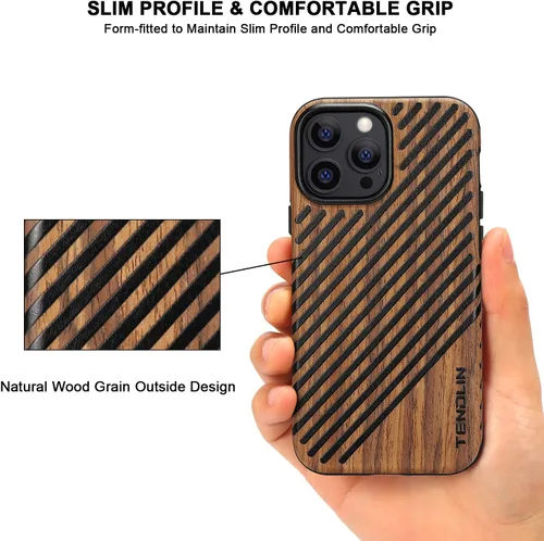 Vista 3 de TENDLIN Funda magnética para iPhone 13 Pro - Funda híbrida de TPU de cuero de grano de madera con compatibilidad MagSafe