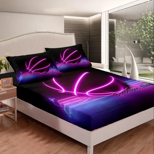 Vista 3 de Erosebridal Sábanas de baloncesto rosa para niños y niñas, sábana bajera con temática deportiva, tamaño individual, sábanas para canchas de pelota