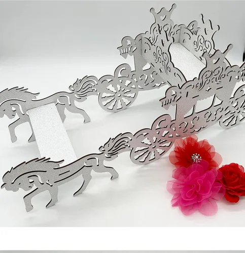 Vista 2 de Caballo y carruaje de madera 3D para cumpleaños, carruaje de princesa, centro de mesa, cenicienta, entrenador, regalos de boda, accesorios de boda