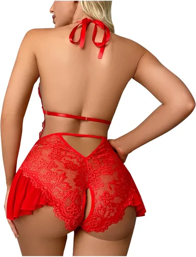 Vista 5 de Oplxuo Lencería para mujer, sexy, halter, encaje floral, de una pieza, mini camisón de malla transparente