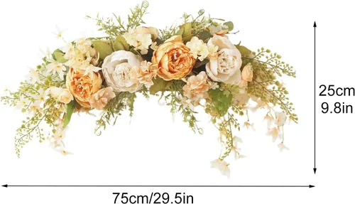 Vista 3 de Guirnalda de flores artificiales de peonía para puerta delantera, flores de arco de boda, 29.5 pulgadas con hortensia para dintel, boda, arco Naranja