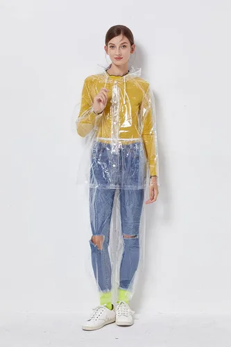 Vista 3 de Freesmily Chubasquero reutilizable transparente para mujeres y hombres, impermeable, traje de lluvia, conjunto de pantalones con capucha