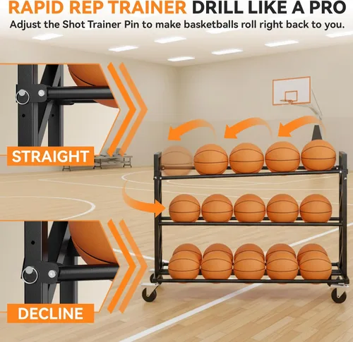 Vista 3 de Bastidores de baloncesto para pelotas, carrito de bolas resistente con ruedas, almacenamiento de baloncesto de 3 niveles y 20 bolas, carrito