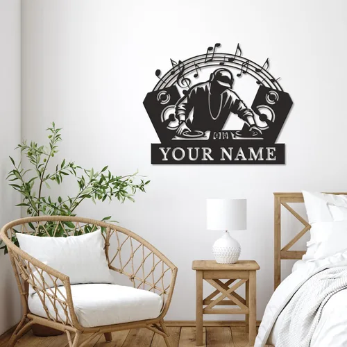 Vista 6 de Letrero de metal personalizado para DJ, arte de pared musical con nombre personalizado, decoración de estudio de disc jockey, regalo temático