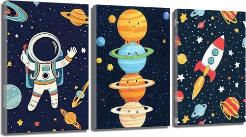 Vista 10 de 3 piezas de arte de pared de astronauta espacial musiic lienzo lindo astronauta músico decoración imágenes divertidas piano guitarra violín carteles