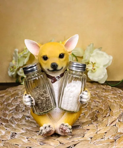 Vista 9 de Ebros Picante - Juego de figuras de taza de té de color marrón claro, chihuahua con collar, salero y pimienta, 6.25 pulgadas de alto, Chi Chi Taco