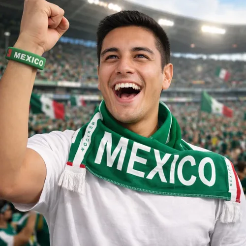 Vista 9 de Juego de 5 piezas para fanáticos del fútbol mexicano 2026, camisa, bufanda, diadema, pulsera, pintura facial
