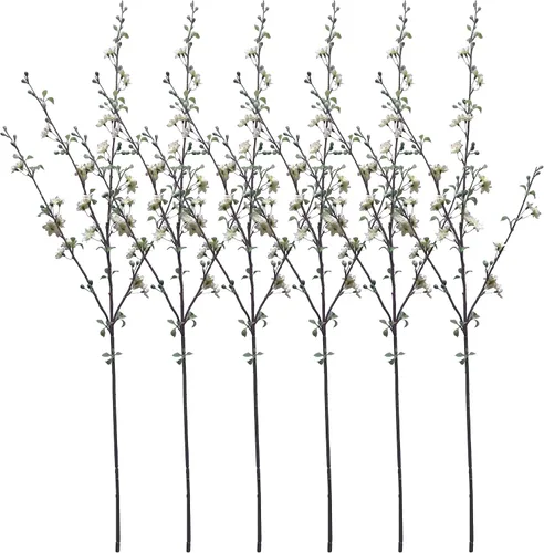 Vista 4 de ATFL Flores artificiales de ciruelo, 6 piezas de flores de cerezo rosa claro, ramas falsas para jarrón, tallos de flor de cerezo sintético