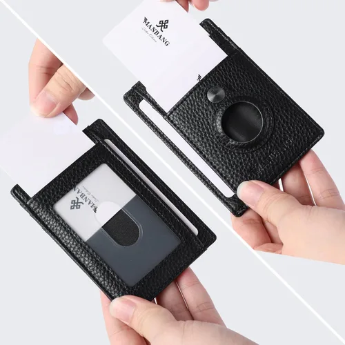 Vista 2 de Billeteras de cuero con bloqueo RFID y bolsillo frontal minimalista delgado para hombres, Negro -, Minimalista