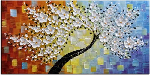 Vista 15 de YaSheng Art - Pintura al óleo de arte contemporánea hecha a mano de flores blancas en lienzo con textura 3D, pinturas de árbol abstractas