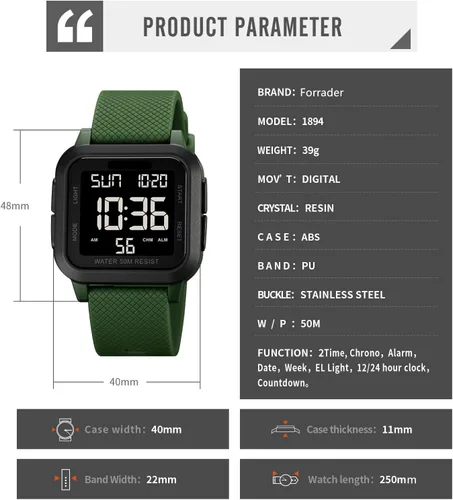 Vista 4 de Forrader Reloj digital deportivo para hombre, resistente al agua, con alarma, temporizador de cuenta regresiva, doble hora, cronómetro, relojes