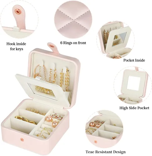 Vista 3 de Joyero de viaje con espejo, mini estuche de viaje de piel sintética para mujeres y niñas, pequeño organizador de joyas portátil para anillos