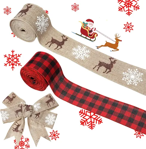 Vista 8 de Cinta de Navidad con cable de 2.5 pulgadas x 11 yardas, cinta de Navidad roja y de arpillera para coronas, lazos, manualidades, 2.5 pulgadas