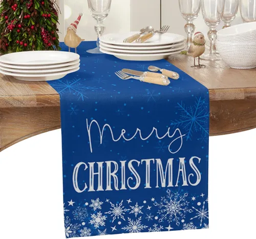 Vista 2 de Camino de mesa de Navidad de 48 pulgadas de largo, diseño de arpillera y algodón para cocina, redondo, cuadrado, boda, café, mesa de comedor, Copo