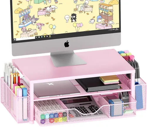 Vista 11 de OPNICE Soporte elevador de monitor doble con cajón y 2 soportes para bolígrafos, organizador de escritorio para suministros de oficina, soporte