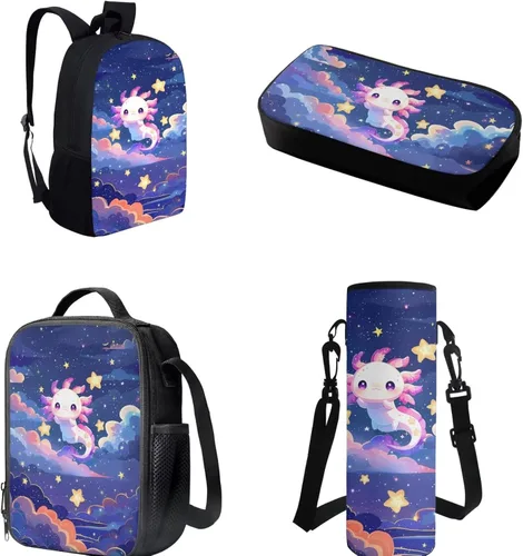 Vista 2 de Belidome Juego de mochila escolar, estuche para lápices, bolsa de almuerzo, soporte para botellas para niños y niños, paquete de 4, Adorable Axolotl