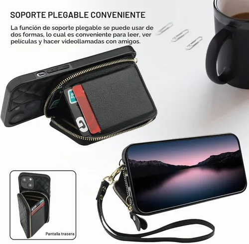 Vista 5 de Bocasal Funda tipo cartera tipo bandolera para iPhone 14 Plus, color negro