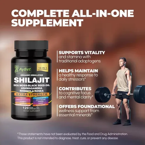Vista 6 de Shilajit - Cápsulas orgánicas de Shilajit del Himalaya para hombres y mujeres, con musgo marino, aceite de semilla negra, Ashwagandha, Rhodiola