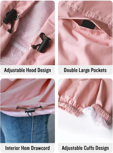 Vista 5 de SaphiRose Chaqueta ligera para lluvia para mujer, impermeable, transpirable, rompevientos con capucha y plegable, Rosado