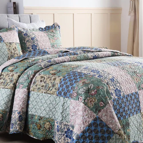 Vista 3 de MarCielo Juego de colcha acolchada de 3 piezas, colcha estampada, juego de ropa de cama, manta, colcha ligera (flor azul, Queen) (B026_Q)