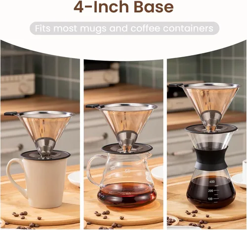 Vista 6 de 【2.0 mejorado】Gotero de café reutilizable de acero inoxidable con base antideslizante y asa, cafetera sin papel (plateado)