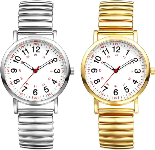 Vista 6 de JewelryWe Reloj de lectura fácil ultrafino para mujer con correa elástica de tono dorado/plateado