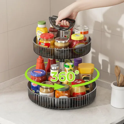 Vista 2 de Lazy Susan - Organizador giratorio de 360° de 2 niveles con asas de altura ajustable, organizador de especias para gabinetes, organizadores
