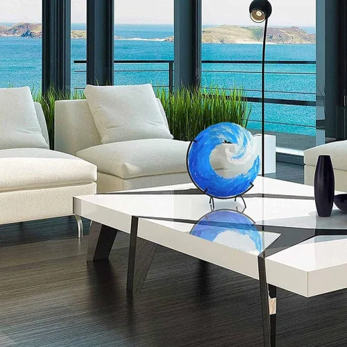 Vista 6 de Escultura de vidrio fundido con ondas, adorno azul degradado creativo, forma de olas del océano, arte para decoración de escritorio, decoración