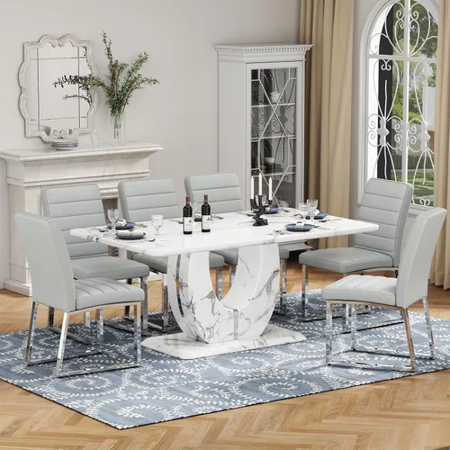 Vista 18 de Moderno juego de mesa de comedor de mármol sintético para 4, mesa de cocina rectangular blanca de 63 pulgadas con elegante base de pedestal