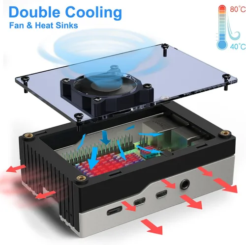Vista 3 de Miuzei Funda para Raspberry Pi 4 con ventilador de 1.378 in, fuente de alimentación de 5 V 3 A, 4 disipadores de calor para Raspberry Pi 4 Modelo B