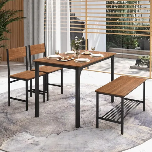 Vista 8 de COSTWAY Dining Table Set for 4, Space-Saving Dining Room Table with Bench and 2 Chairs, Storage Rack & Anti-Slip Foot Pads, Industrial Kitchen Table