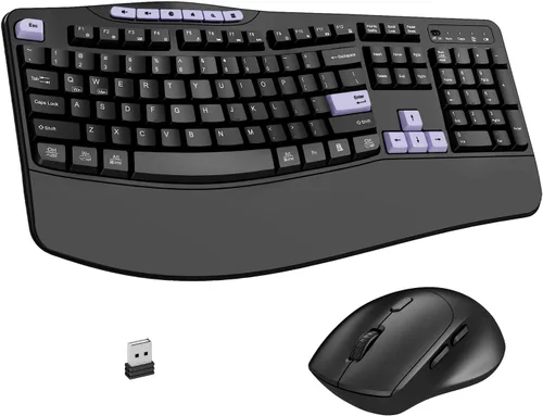 Vista 10 de Combo de teclado y mouse inalámbricos, teclado ergonómico con 6 teclas multimedia, teclado de tamaño completo 2.4G con reposamuñecas, mouse