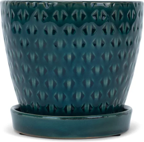 Vista 2 de Napco Maceta de cerámica triangular geométrica de 4.75 x 5.5 pulgadas con platillo