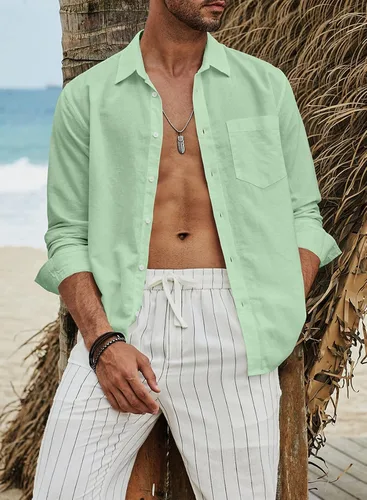 Vista 8 de JMIERR Camisa de vestir de manga larga con botones y lino de algodón para hombre