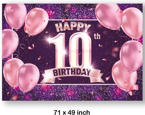 Vista 3 de Decoraciones de fondo de feliz cumpleaños 10 para niñas, pancarta de fondo rosa, morado y dorado Cartel de fondo de fotos de feliz 10 cumpleaños