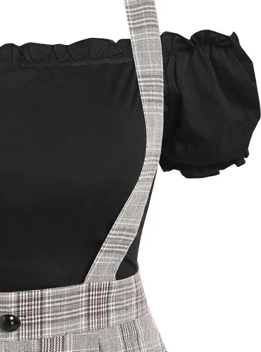 Vista 5 de DRESSFO Conjunto de falda de 2 piezas para mujer, falda de tirantes de cintura alta, falda acampanada con tirantes y parte superior con hombros