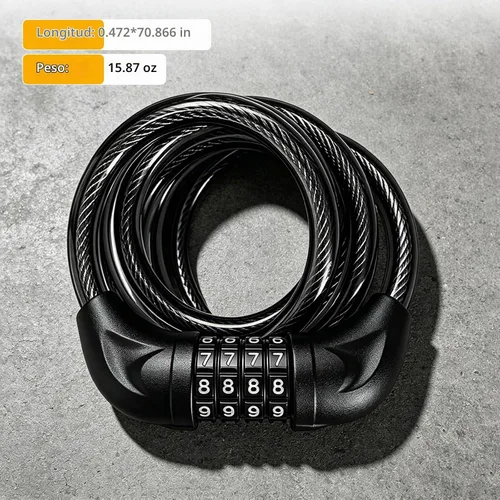 Vista 2 de Candado de cable para bicicleta de 6 pies de largo, candado de combinación reseteable de 4 dígitos, cable de acero resistente con revestimiento