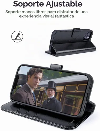 Vista 4 de OCASE Funda tipo cartera para iPhone 14 con tarjeteros, color negro