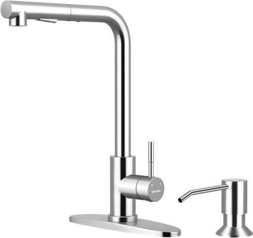 Vista 19 de WEWE Grifo de cocina de acero inoxidable de 14.5 pulgadas de alto con rociador extraíble, grifo de fregadero giratorio de 360° de níquel cepillado