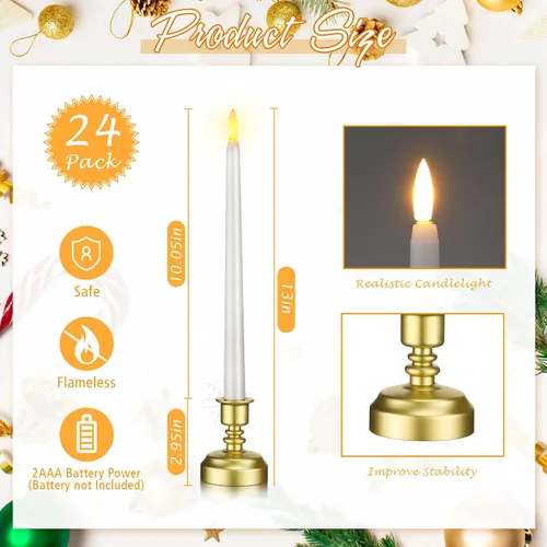 Vista 2 de Retisee - 24 piezas de velas de Navidad con base, velas cónicas sin llama parpadeantes, alimentadas por batería, LED, candelabros, luces de llama