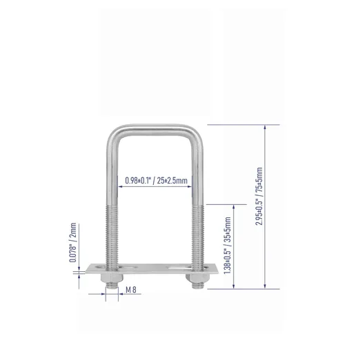 Vista 2 de Pernos en U cuadrados de acero inoxidable 304 de 1 "(25 mm) de ancho interior, 3 "(75 mm) de longitud inoxidable M8 con tuercas, placa de marco