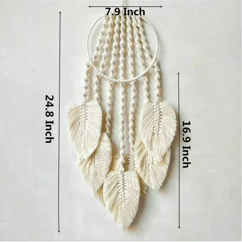 Vista 5 de Tapiz de macramé tejido de algodón, atrapasueños, tejido a mano con borlas de plumas, adorno para manualidades, dormitorio, sala de estar, Beige