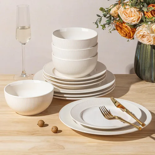 Vista 53 de TheTerra Juego de vajilla de cerámica para 4, juego de 12 platos y cuencos ligeros de porcelana, resistente a los arañazos, apto para horno