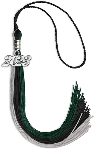 Vista 123 de Endea Graduation Borla de triple color con gota de fecha plateada (negro/dorado/granate, 2020)