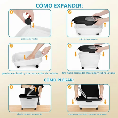 Vista 5 de Contenedor de comida para perros, contenedor plegable de almacenamiento de alimentos para mascotas de 17 a 20 libras con ruedas giratorias y tapa